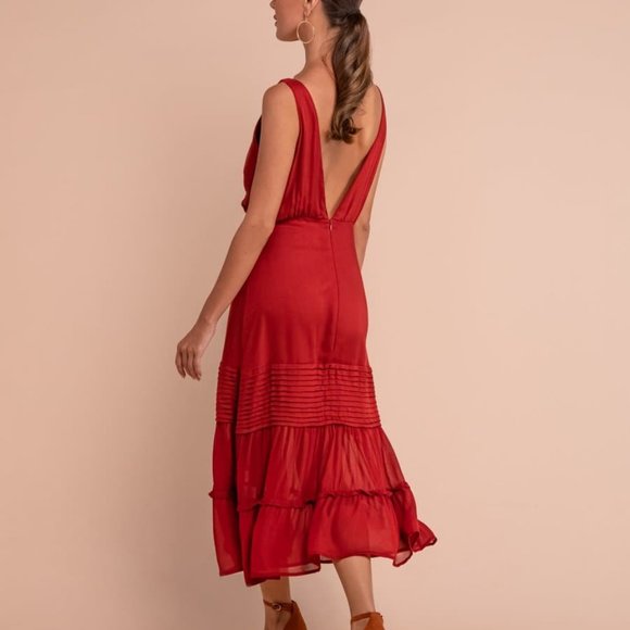 NWT - Red BoHo Deep V-Neck Midi Dress - Aura the Label - Picture 2 of 5